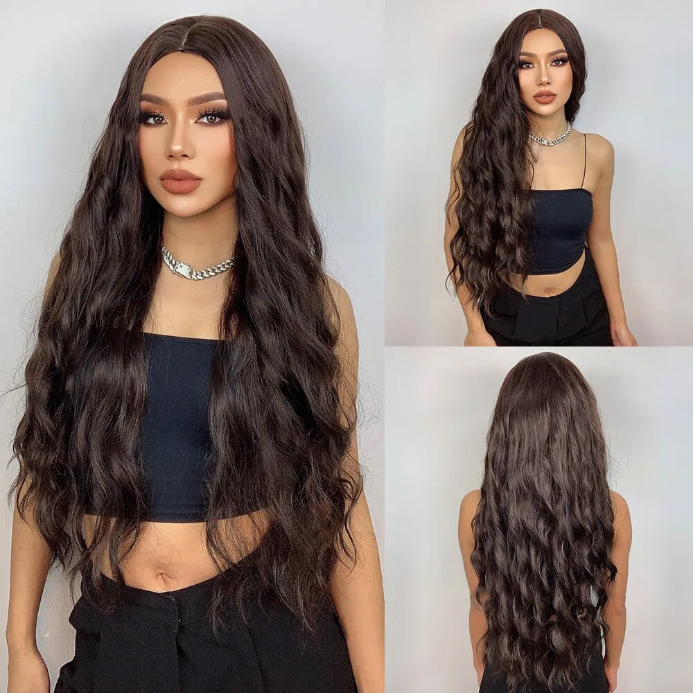 Long Brown Curly Wavy Wig